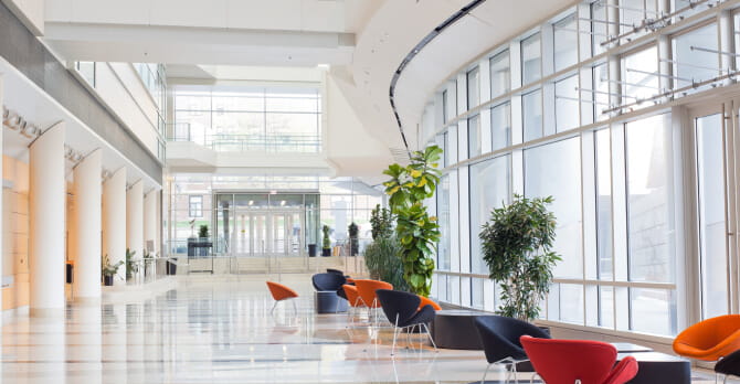 White lobby of modern office building