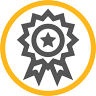 A black star within an award ribbon, surrounded by a gold circle.