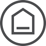 A black and white circle representing a simple house silhouette with a basement.