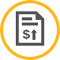 A document with a dollar sign and an arrow pointing up, surrounded by a gold circle.