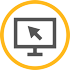 A gold circle with an arrow directed towards a computer monitor, symbolizing focus on digital content.