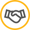 A gold circle featuring two hands shaking, representing partnership and mutual understanding.