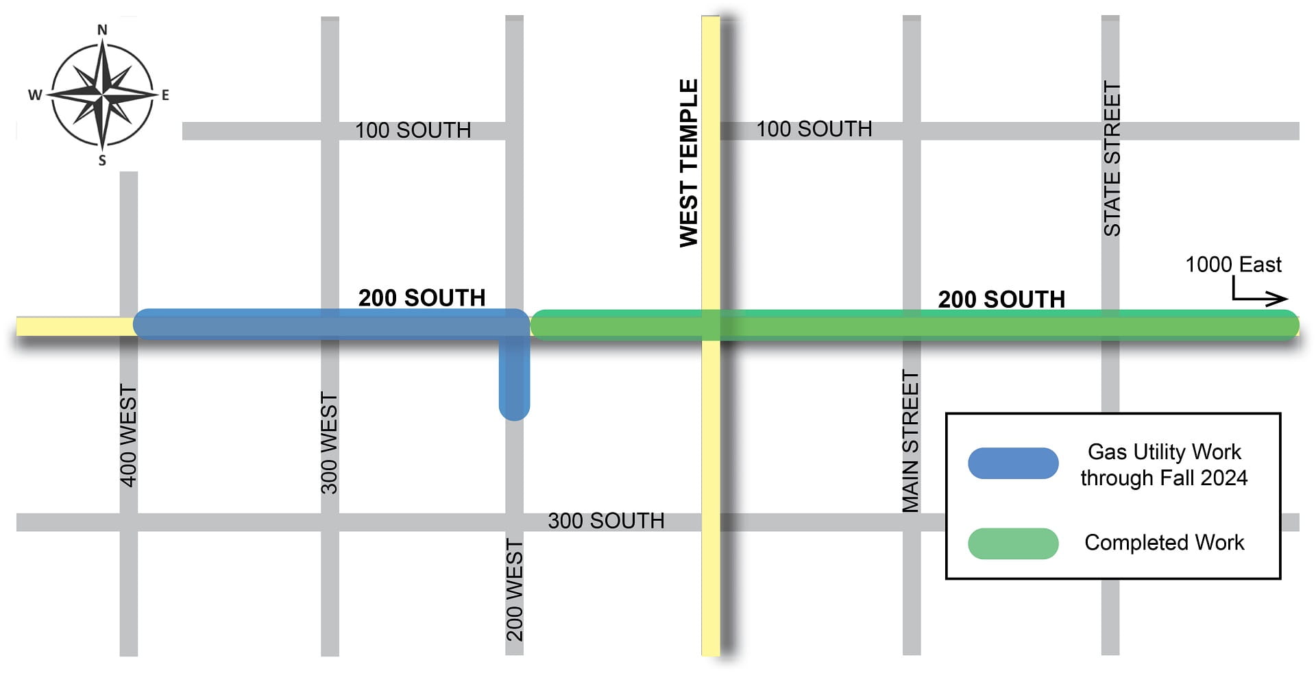 Map showing 200 south and west temple streets and the work that is underway in the fall 2024 and what has been completed.