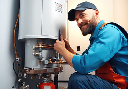 Plumber installing water heater at home.
