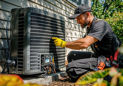 HVAC technician installing or repairing air conditioner unit outdoors
