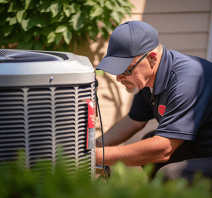 Technician checks the air conditioner system next to a home