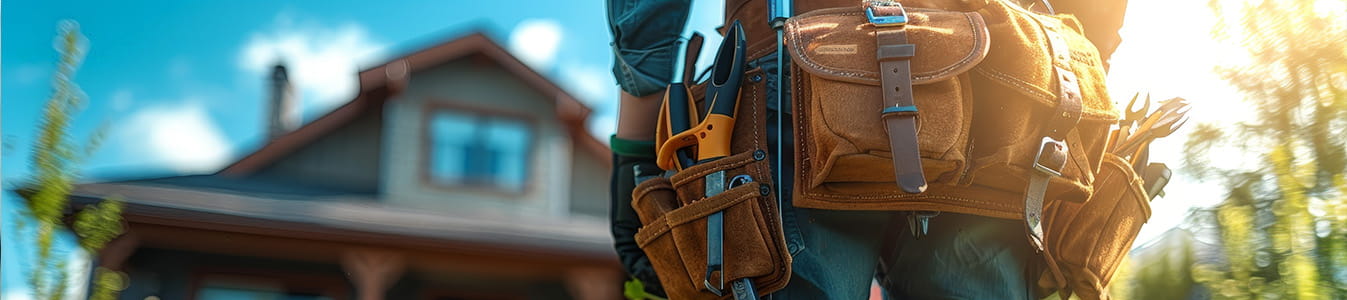 Home service technician with a tool belt in front of a house