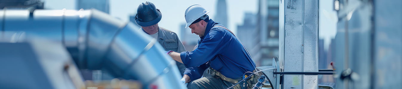 Construction workers install and maintain HVAC pipe systems on the roof of a building.