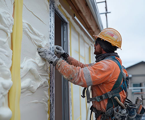 Construction worker applying foam insulation to the exterior of a building, ensuring energy efficiency and structural durability.