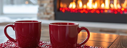Cozy winter scene with red mugs and a warm fireplace