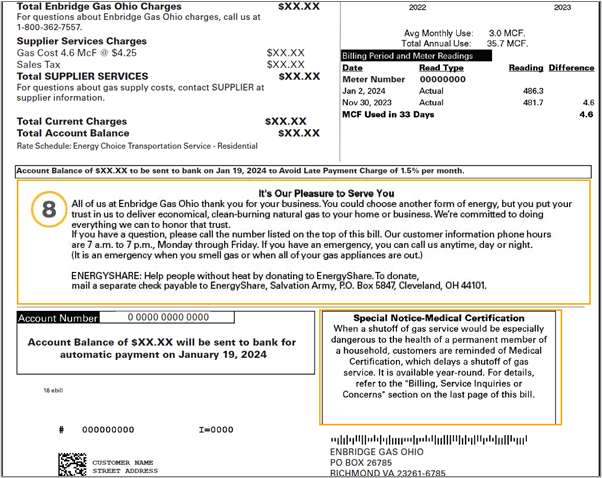 Customer information section on the Enbridge Gas Ohio bill