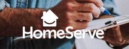 HomeServe logo over a clipboard and a hand