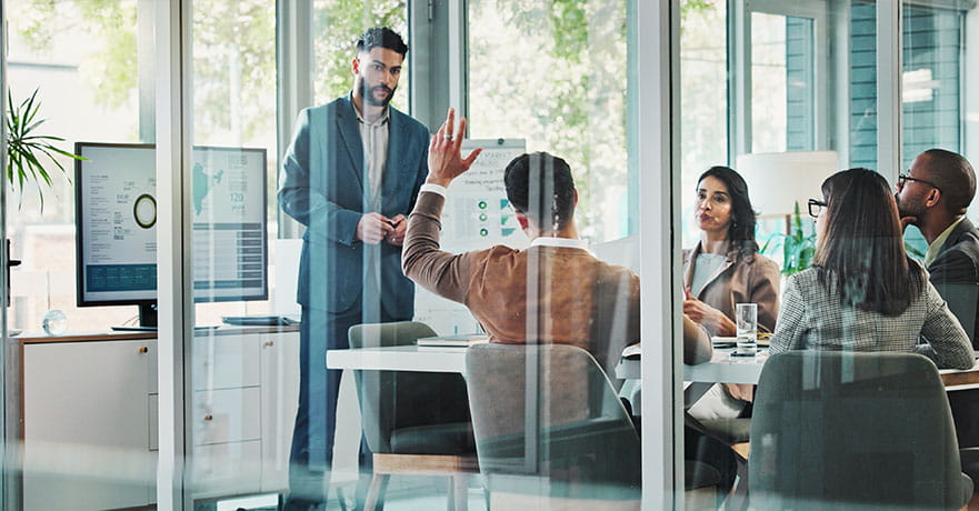 Business people, meeting and raised hand with question
