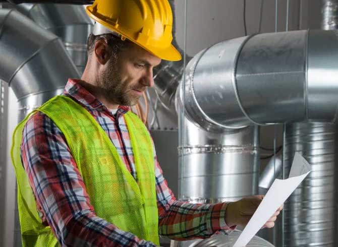 A man in a hard hat examining a blueprint in a factory