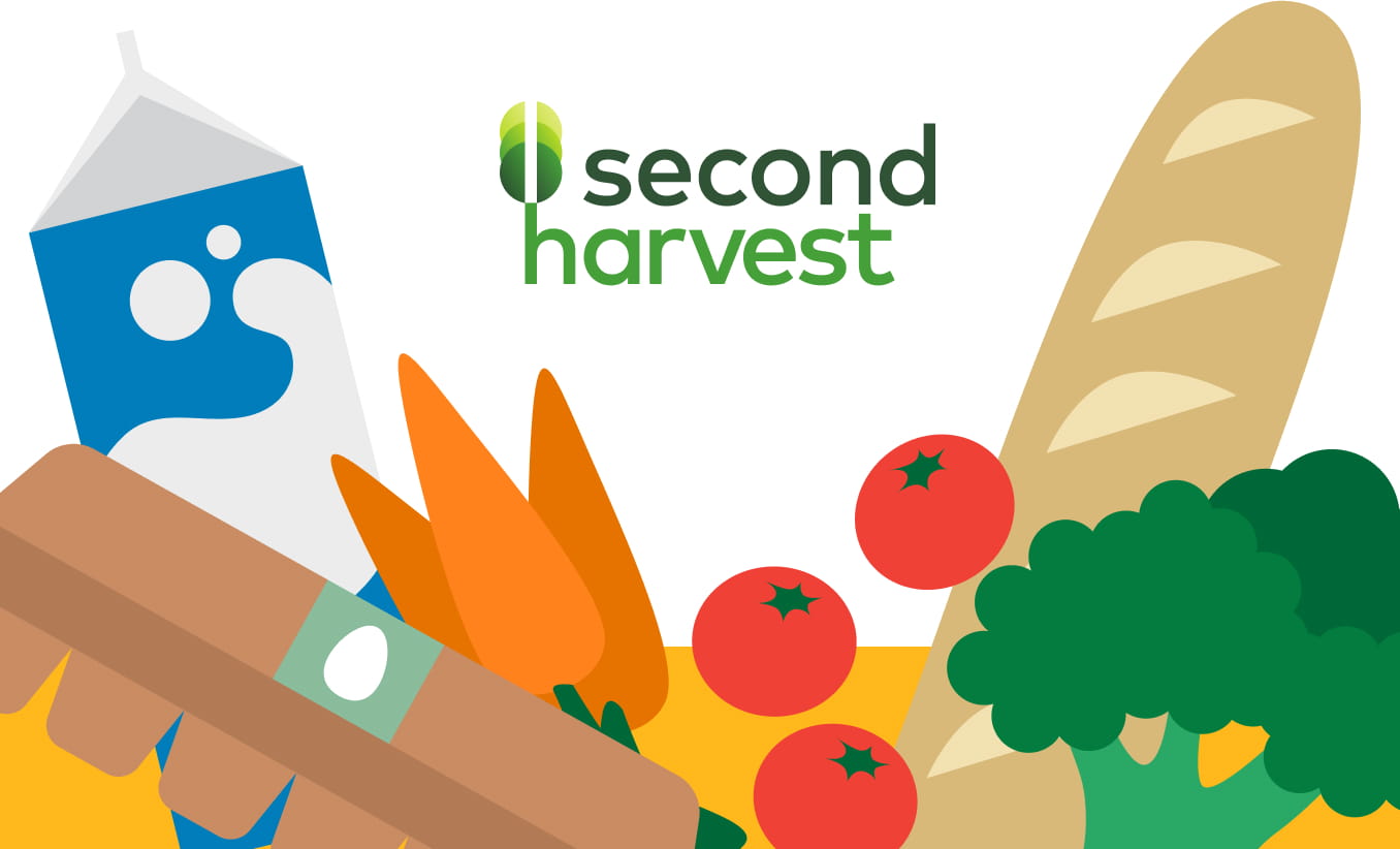 Illustration of vegetables and dairy produce with Second Harvest logo