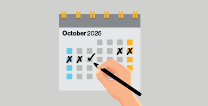 A calendar with multiple crosses over a long weekend and a check on a weekday in October 2025.