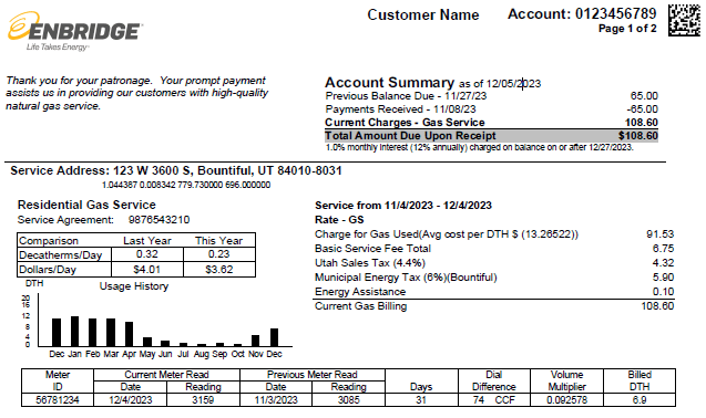 Enbridge Gas bill screenshot