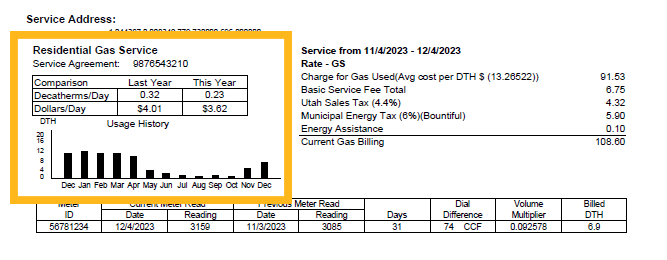 Enbridge Gas Bill - highlight on the usage history section