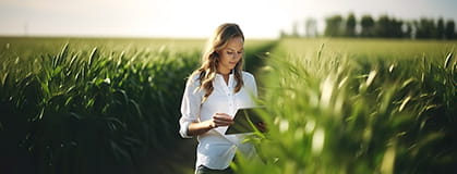 Woman in the green field using a tablet