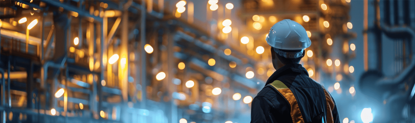 A person with a helmet looking at the pipelines