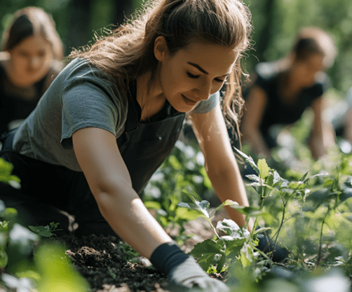 Women planting trees with others in the background