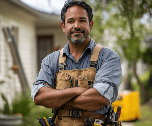 Contractor in front of home