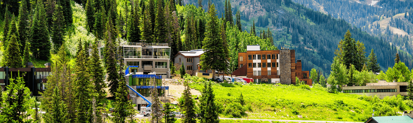 A mountain scenery with low-rise buildings